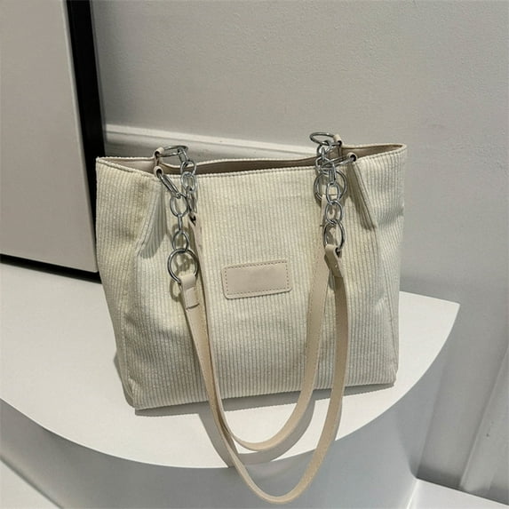 Striped Velvet Canvas Tote Bag Large Capacity | Handheld Shoulder Crossbody Satchel • Durable Cloth Material • 13x12in • White Black Pink Brown • Lightweight Versatile Casual Commuter Style