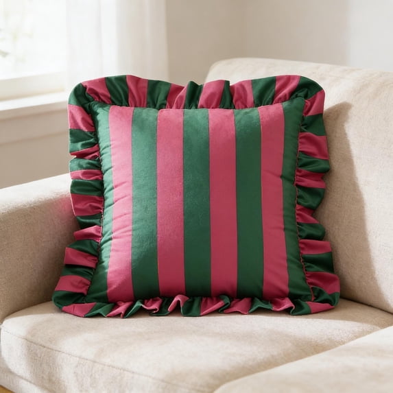 Striped Velvet Ruffled Throw Pillow, 18x18 Inch Plush Decorative Cushion with Insert, for Sofa, Bed, Living Room