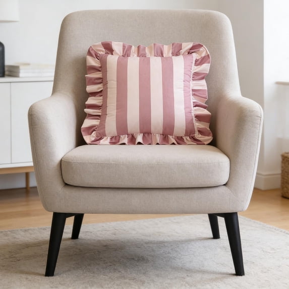 Striped Velvet Ruffled Throw Pillow 18x18 Inch, Soft Luxurious Decorative Cushion for Sofa Couch Bedroom, Farmhouse Style Home Textile Accent,H