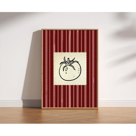 Striped Vintage Style Tomato Print, Kitchen Dining Room Wall Art, Mid Century Foodie Cafe Decor, Red Retro Heritage, Vegetables Food Art Unframed Paper Print