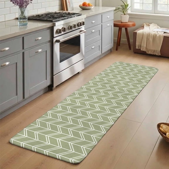 Striped Washable Runner Rug 3X7 ft Abstract Chevron White Line Sage Green Bohemian Non-Slip Hallway Runner Rug, Linen Kitchen Runner Mats, Indoor Floor Carpet for Entryway Bathroom Bedroom