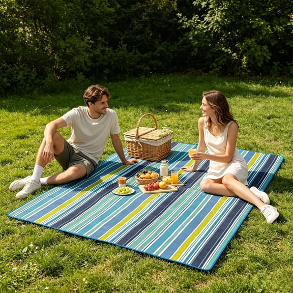 Striped Waterproof Outdoor Picnic Mat, Absorbent Large Quick Dry Floor Mats, Cushioned Machine Washable Quick Dry Rug for Beach Grass and Family Outing