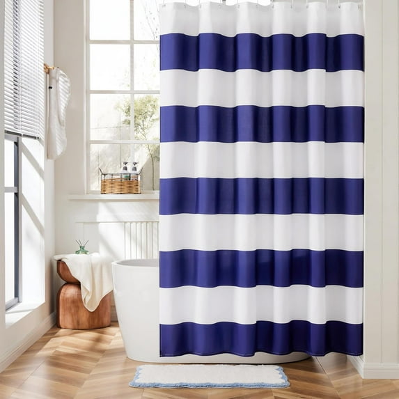 Striped Waterproof Shower Curtain, Navy Blue and White Nautical Coastal Modern Shower Curtains for Bathroom, Cute Retro Vintage Stripes Rustic Shower Curtain Polyester 54"W x 78"L (Pack of 1)