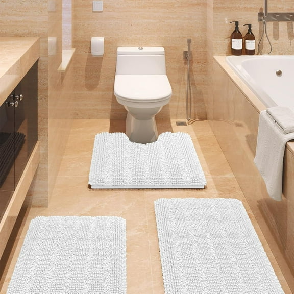 HAKUNA Striped White Bathroom Rug Set 3 Pieces Ultra Soft, Non Slip Chenille Toilet Mat, Absorbent Plush Shaggy Bath Mats for Bathroom, Bedroom, Kitchen