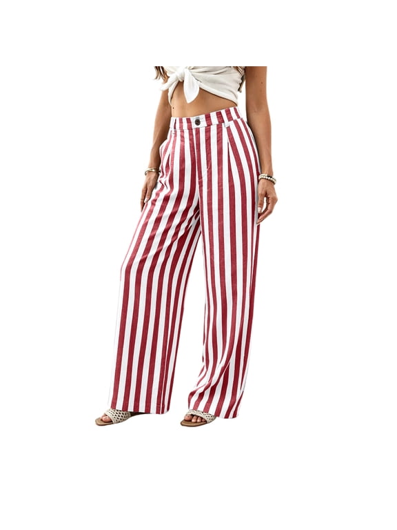 Striped Wide Leg Pants for Women High Waist Wide Button Fly Pants Casual Palazzo Drawstring Striped Trousers Loose Oversize Lounge Pants with Pockets