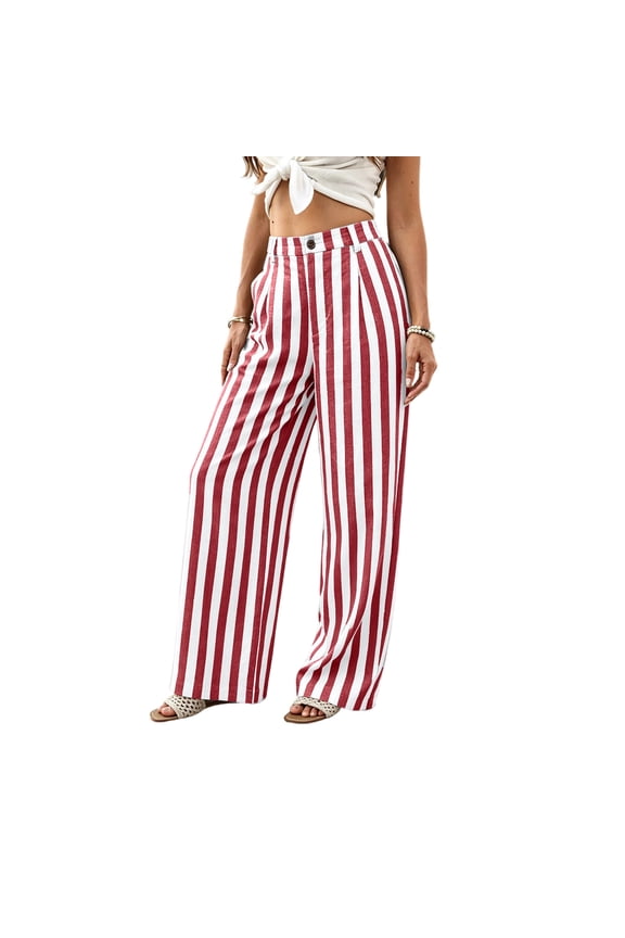 Striped Wide Leg Pants for Women High Waist Wide Button Fly Pants Casual Palazzo Drawstring Striped Trousers Loose Oversize Lounge Pants with Pockets