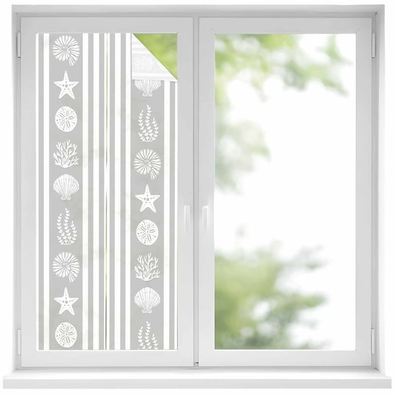 Striped Window Privacy Film Ocean Grey Starfish Shell Jellyfish Coral Decorative Glass Window Film UV Blocking Static Cling Non-Adhesive Sticker Covering for Home Door 17.7 x 39.3 inches