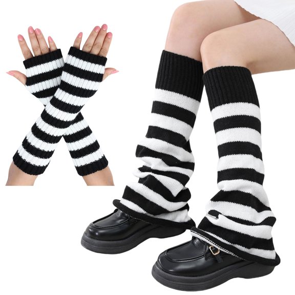 Striped Winter Gloves With Matching Leg Warmers Socks Elastic Fit Unisex Cold Weather Accessories for Outdoor Activity