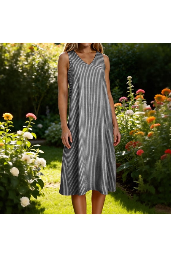 Striped Women's Linen Midi Dress Relaxed Fit V-Neck Sleeveless Shift Dress Soft Texture Casual Daily Knee Length Summer Wear