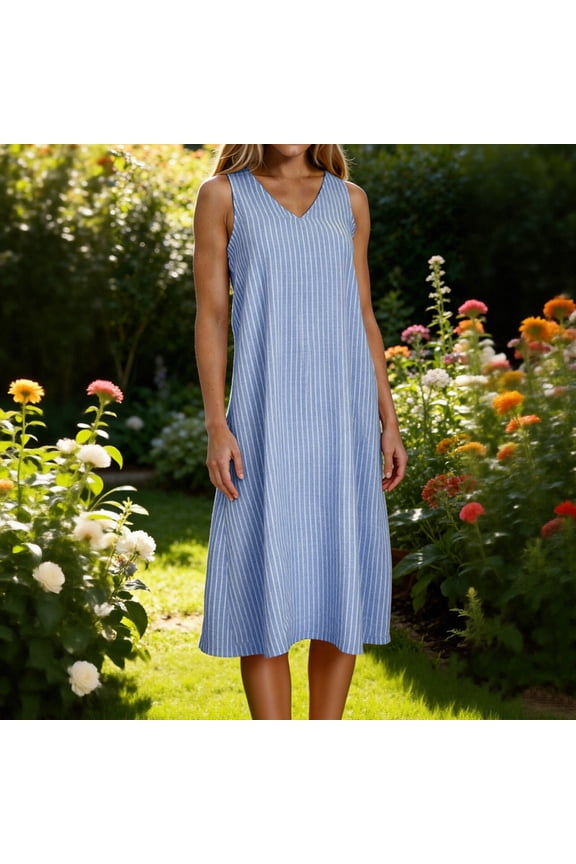 Striped Women's Linen Midi Dress Relaxed Fit V-Neck Sleeveless Shift Dress Soft Texture Casual Daily Knee Length Summer Wear