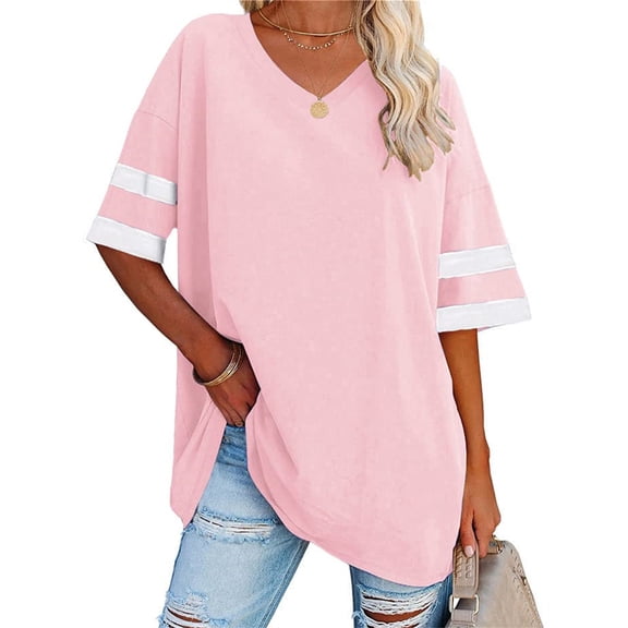 Striped Womens Oversized Tshirts V Neck Tee Shirts Half Sleeve Loose Fit T Shirt Cotton Tunic Tops