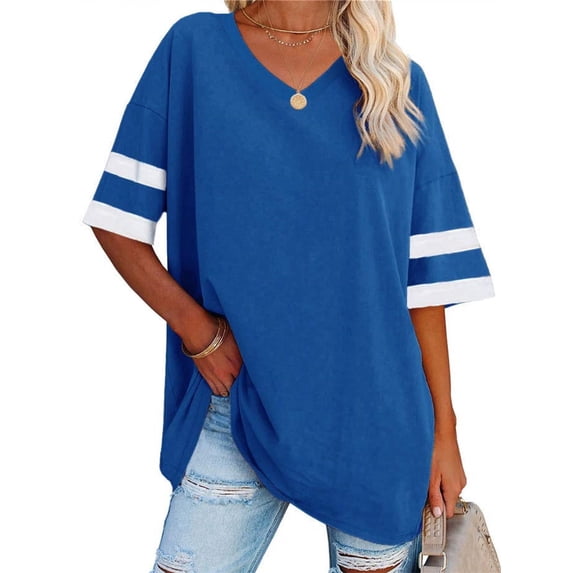 Striped Womens Oversized Tshirts V Neck Tee Shirts Half Sleeve Loose Fit T Shirt Cotton Tunic Tops