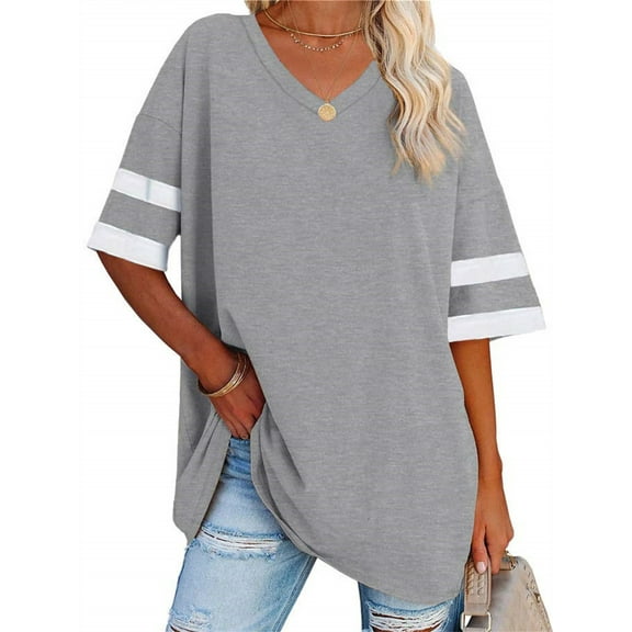 Striped Womens Oversized Tshirts V Neck Tee Shirts Half Sleeve Loose Fit T Shirt Cotton Tunic Tops