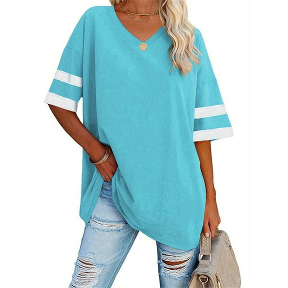 Striped Womens Oversized Tshirts V Neck Tee Shirts Half Sleeve Loose Fit T Shirt Cotton Tunic Tops