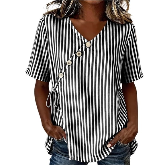 Striped Wrap Blouse for Women Summer V Neck Button Down Cotton Linen Shirts Tie Front Short Sleeve Beach Vacation Tops
