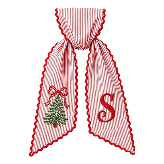 Striped Wreath Sash with Embroidered Letter S Scalloped Edges Front Door Ribbon Xmas Tree Hanging Ornament Decor Cloth Bow