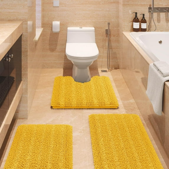HAKUNA Striped Yellow Bathroom Rug Set 3 Pieces Ultra Soft, Non Slip Chenille Toilet Mat, Absorbent Plush Shaggy Bath Mats for Bathroom, Bedroom, Kitchen