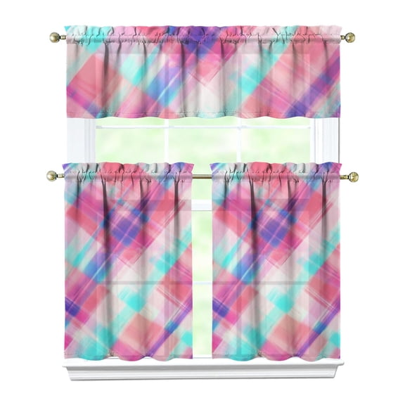 Striped and Checkered Fusion Kitchen Curtains - 3-Piece Semi-Sheer Rod Pocket Set with Valance