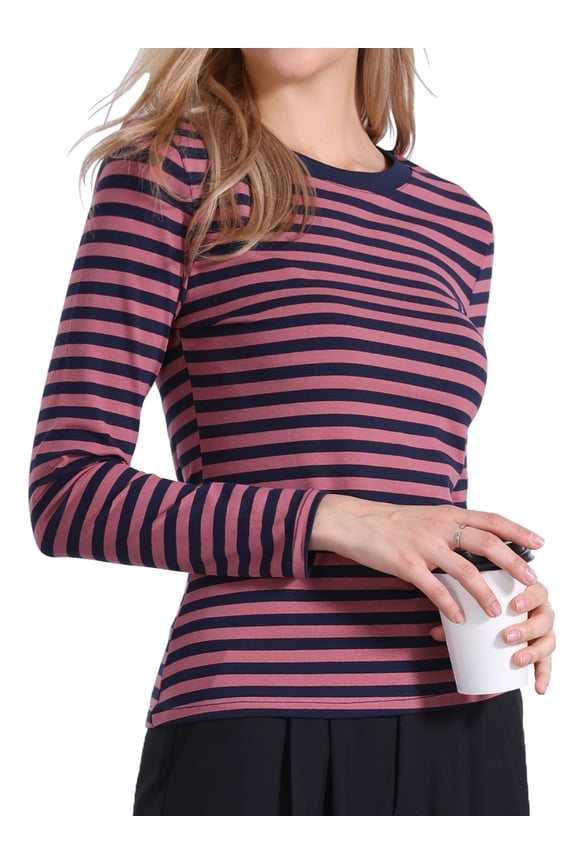 Women's Striped Top Long Sleeve Crew Neck Slim Fit Cotton Fitted Tee L Pink Stripe