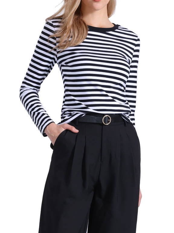 Women's Striped Long Sleeve Crew Neck Slim Fit Cotton Casual T Shirt Top Black White Stripe XL