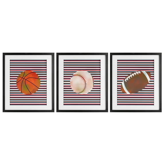 Stupell Industries Stripes And Sports Balls 3 Piece Black Framed Print Under Glass Set, design by Marcus Prime, 16 x 13