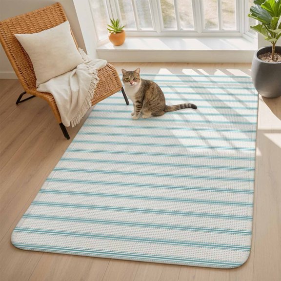 Stripes Area Rugs for Living Room 5x6, Modern Art Teal Beige Washable Area Rug with Non Slip Backing, Stain Resist Linen Carpet for Bedroom, Dining Room, Entryway, Entrance