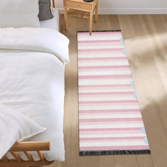 Stripes Background Blue Bowknots Bedside Runner Rug 2'x 6' Non Slip Carpet Floor Mat Area Rug