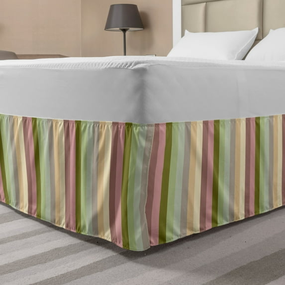 Stripes Bed Skirt, Colorful Pattern with Pastel Colored Bands Vertically Aligned Abstract Illustration, Elastic Bedskirt Dust Ruffle Wrap Around for Bedding Decor, 4 Sizes, Multicolor, by Ambesonne