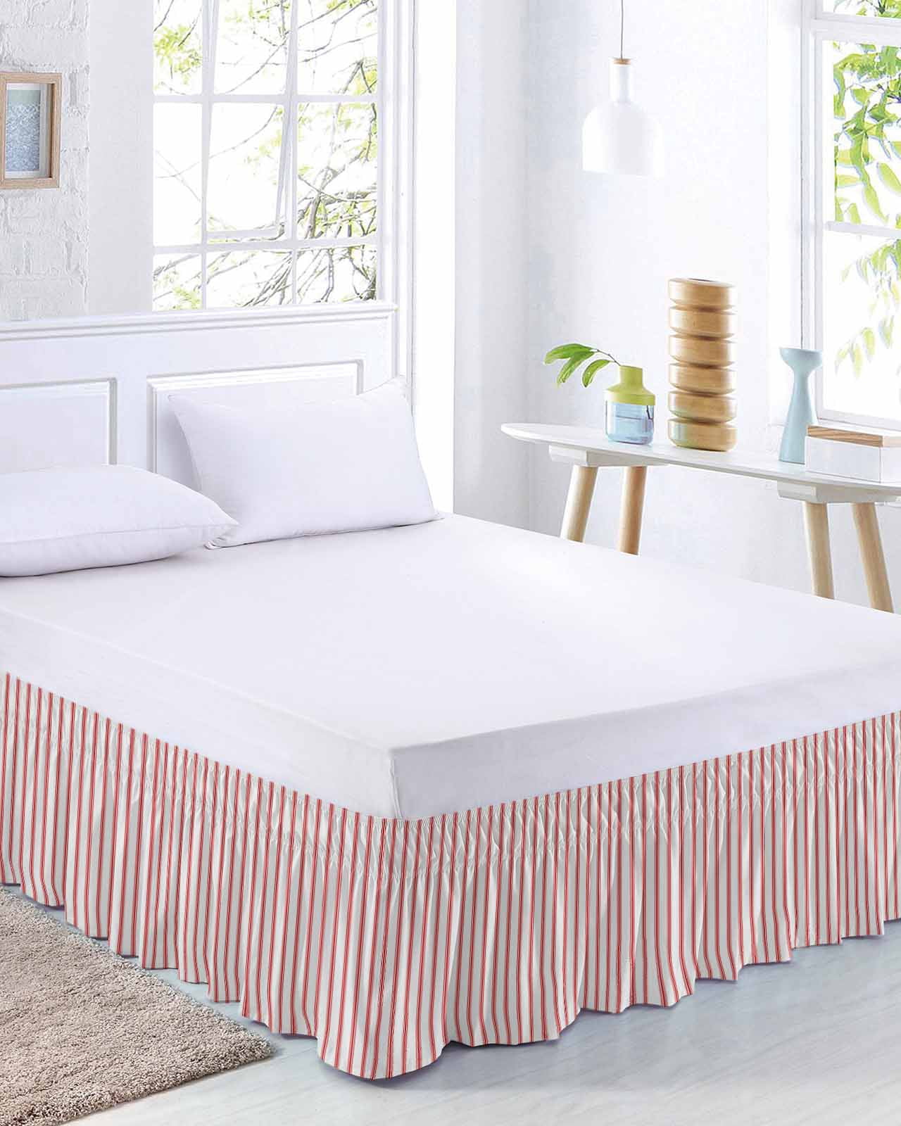 Stripes Bed Skirt Queen Size 16 Inch Drop, Modern Art Red Beige Adjustable Elastic Dust Ruffles Bedskirt for Queen Bed Wrap Around Pleated Mattress Frame Cover