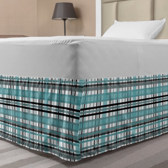 Stripes Bed Skirt, Tartan Inspired Pattern Checkered Design Classic Composition Overlapping Shapes, Elastic Bedskirt Dust Ruffle Wrap Around for Bedding Decor, 4 Sizes, Multicolor, by Ambesonne