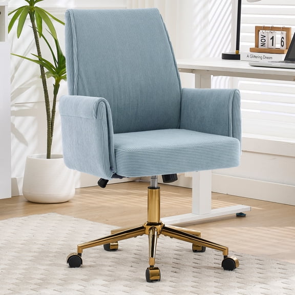 Stripes Corduroy 360° Swivel Desk Chair, Gold Base Adjustable Height Home Office Armchair with Wheels, Ergonomic Mid-Back Comfy Computer Chair for Home Study Living Room Bedroom, Blue