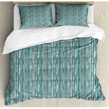 Stripes Duvet Cover Set, Abstract Repeating Watercolor Strokes Rustic Grunge Look Pattern, Decorative 3 Piece Bedding Set with 2 Pillow Shams, Calking Size, Petrol Blue Eggshell, by Ambesonne