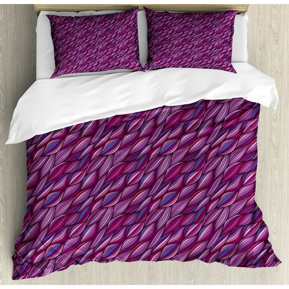 Stripes Duvet Cover Set, Geometrical Theme Colorful Lines Pattern Abstract Wavy Motifs, Decorative 3 Piece Bedding Set with 2 Pillow Shams, Calking Size, Violet Fuchsia, by Ambesonne