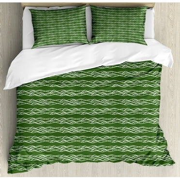 Stripes Duvet Cover Set, Horizontal Wavy Lines Pattern with Dots in Monochrome Style Modern Art Print, Decorative 3 Piece Bedding Set with 2 Pillow Shams, Calking Size, Green and White, by Ambesonne