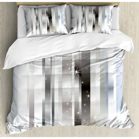 Stripes Duvet Cover Set, Modern Composition with Vertical Color Bands and Vibrant Star, Decorative 3 Piece Bedding Set with 2 Pillow Shams, Calking Size, Grey Black Pale Blue, by Ambesonne