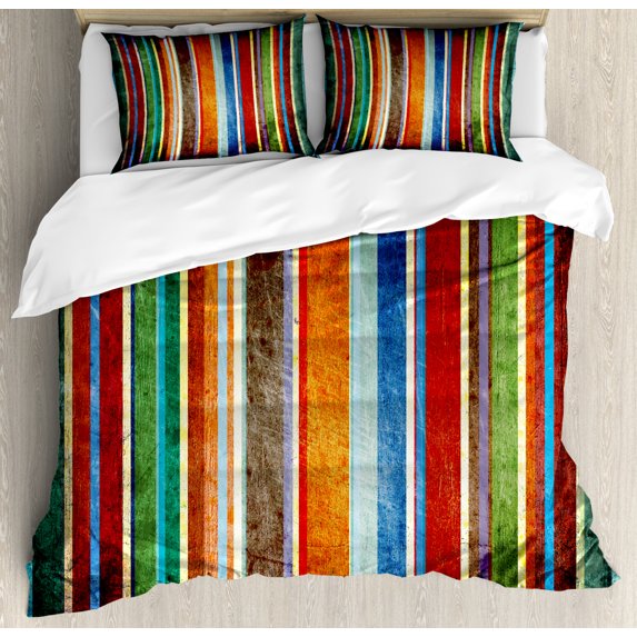 Stripes Duvet Cover Set, Vertical Lines Colorful Retro Bands Damage Effects Old Fashion Weathered Display, Decorative 3 Piece Bedding Set with 2 Pillow Shams, King Size, Multicolor, by Ambesonne
