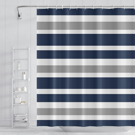 Stripes Fabric Bathroom Curtain Dark Blue Grey Modern Minimalist Shower Curtain with Hooks Polyester Waterproof Abstract Artistic Decor 72"W x 72"L (Pack of 1)