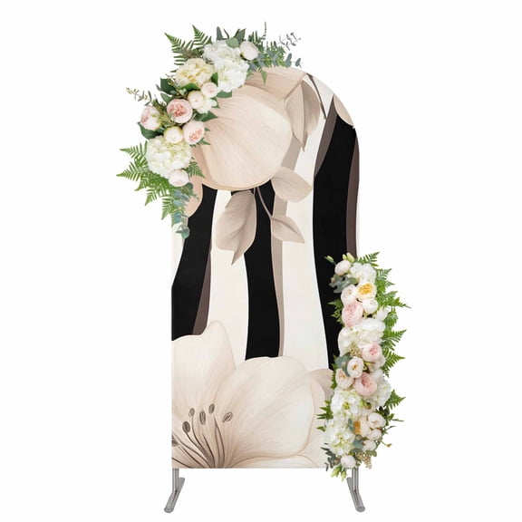 Stripes Floral Arch Backdrop Cover, Spandex Fitted Wedding Arch Cover, Spring Flower Zebra Animal Pattern Floral Round Top Stand Covers for Birthday Ceremony Bridal Shower Party Decor 5x2.1 Ft