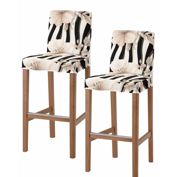 Stripes Floral Bar Stool Covers Set of 2, Spring Flower Zebra Animal Pattern Floral Stretch Washable Bar Chair Covers with Backs, Removable Pub Counter Height Chair Cover for Kitchen Dining Room Cafe