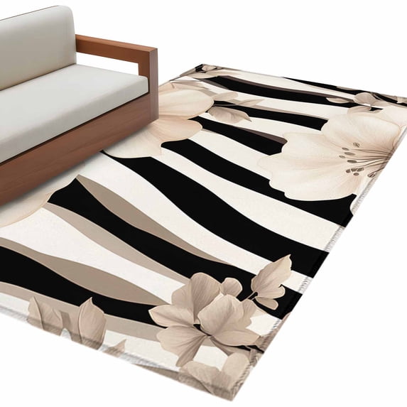 Stripes Floral Large Area Rugs for Bedroom Living Room, Soft Non Slip Carpet Bedside Rug, Spring Flower Zebra Animal Pattern Floral Rectangle Floor Cover Kitchen Accent Rug 3'x5' for Office