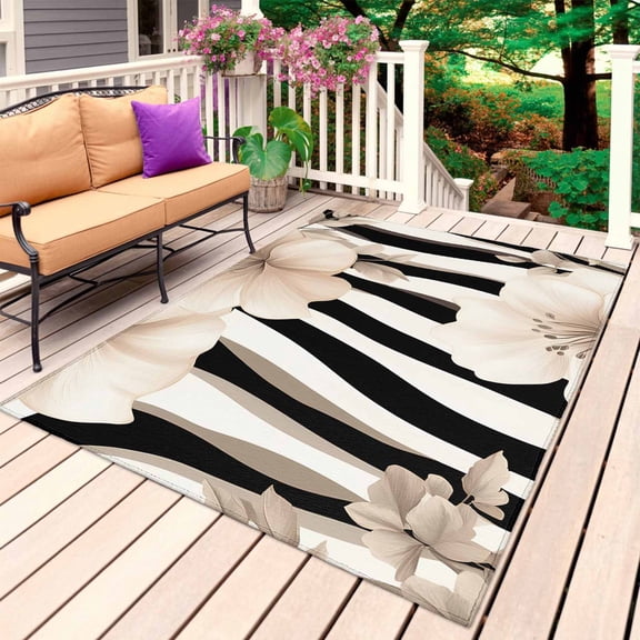 Stripes Floral Outdoor Rug 6x9 Ft, Non Slip Washable Area Rug, Spring Flower Zebra Animal Pattern Floral Patio Rugs Carpet Runner, Large Floor Mat for Indoor/Outdoor Deck Porch Camping