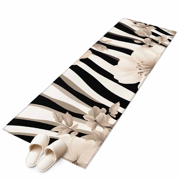 Stripes Floral Runner Rug 2x6 Washable Kitchen Rug Non-Slip Lightweight Thin Soft Low Pile Bathroom Runner Spring Flower Zebra Animal Pattern Floral Carpet for Hallway Laundry Room Bedroom Entryway