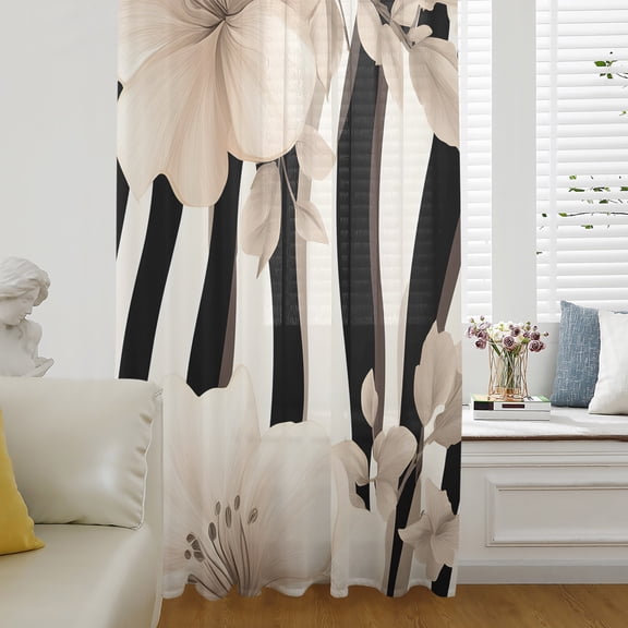 Stripes Floral Sheer Curtains 54 Inch Length, Light Filtering Voile Curtain Panel, Spring Flower Zebra Animal Pattern Floral Rod Pocket Drapes Window Treatments for Living Room Bedroom 52"x54"