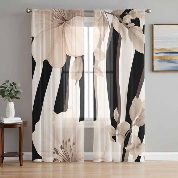Stripes Floral Sheer Curtains 63 Inch Length 2 Panels Set, Spring Flower Zebra Animal Pattern Floral Voile Window Treatment Rod Pocket Curtains Sheers Drapes for Bedroom/Living Room/Kitchen 52x"63"x2