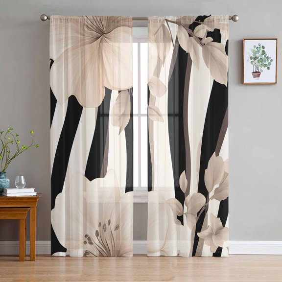 Stripes Floral Sheer Curtains 63 Inches Length 2 Panels Set, Window Sheer Curtains for Living Room/Bedroom, Spring Flower Zebra Animal Pattern Floral Light Filter Rod Pocket Curtain 52'' x 63'' x 2