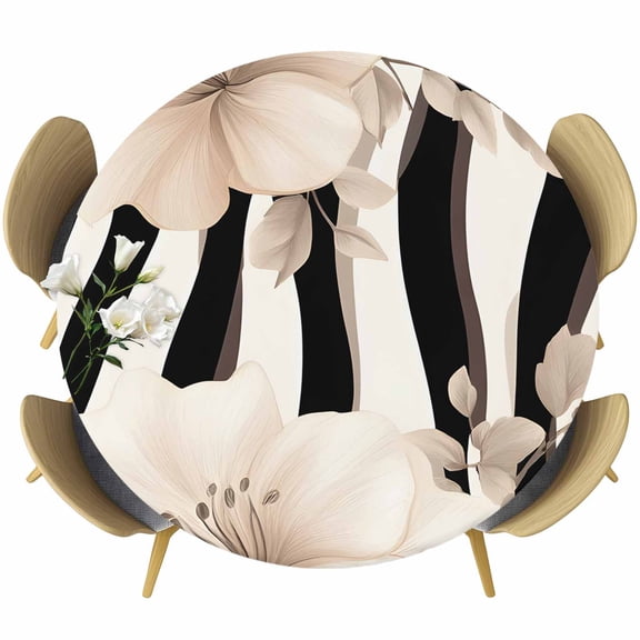 Stripes Floral Table Cloth, Round Fitted Tablecloths with Elastic Edge, Spring Flower Zebra Animal Pattern Floral Wipeable Waterproof Table Cover for Kitchen Wedding 45-54 Inches