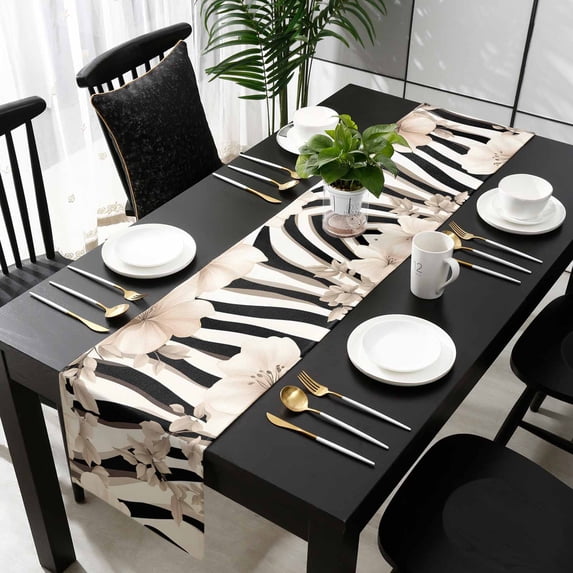 Stripes Floral Table Runner 70 Inches Long - Spring Flower Zebra Animal Pattern Floral Kitchen Dining Burlap Linen Tablerunner for Small/Round/Square/Wedding/Coffee/Dining Table Party Décor 13 x 70