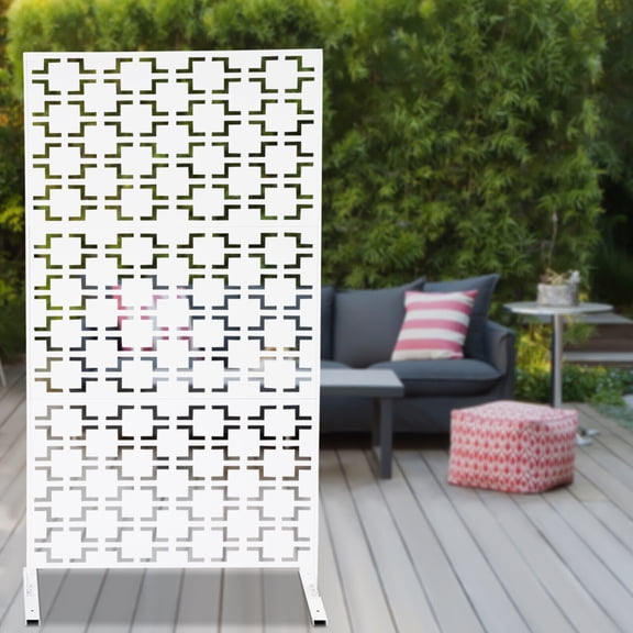 Stripes/Grid/Cross Outdoor Privacy Screen with Stand, 2.95 ft W x 6.2 ft Decoative Privacy Screen Fence Panels Freestanding for Outside Patio Garden Backyard, Brown(White/Black)