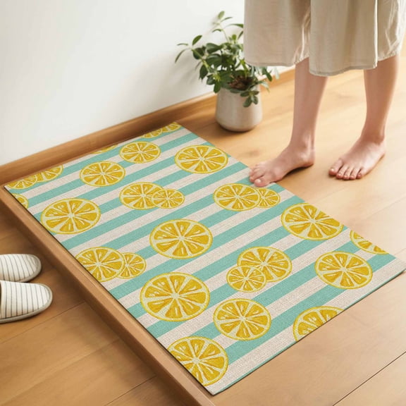 Stripes Lemon Door Mat 16x24 Inch Cotton Linen Background Entryway Rug with Non-Slip Rubber, Inside Floor Mats Front Door Rug for Living Room Bathroom Bedroom Home Office