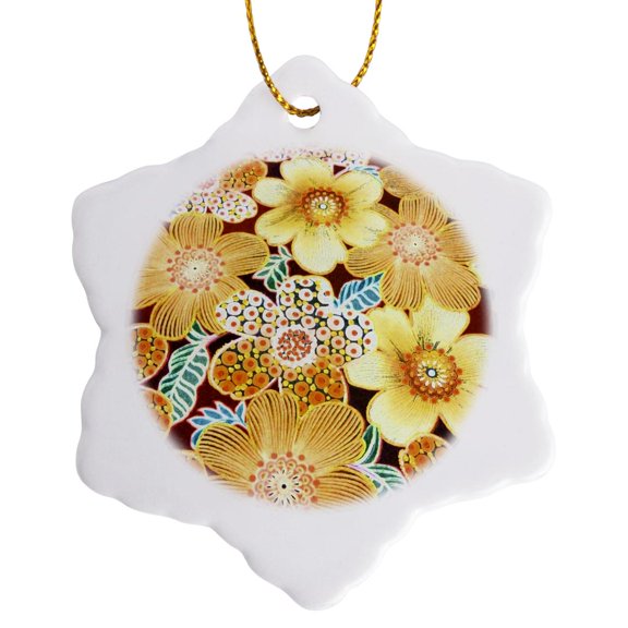 3drose, Stripes N Dots Fall Floral, 3 inch Snowflake Porcelain Ornament